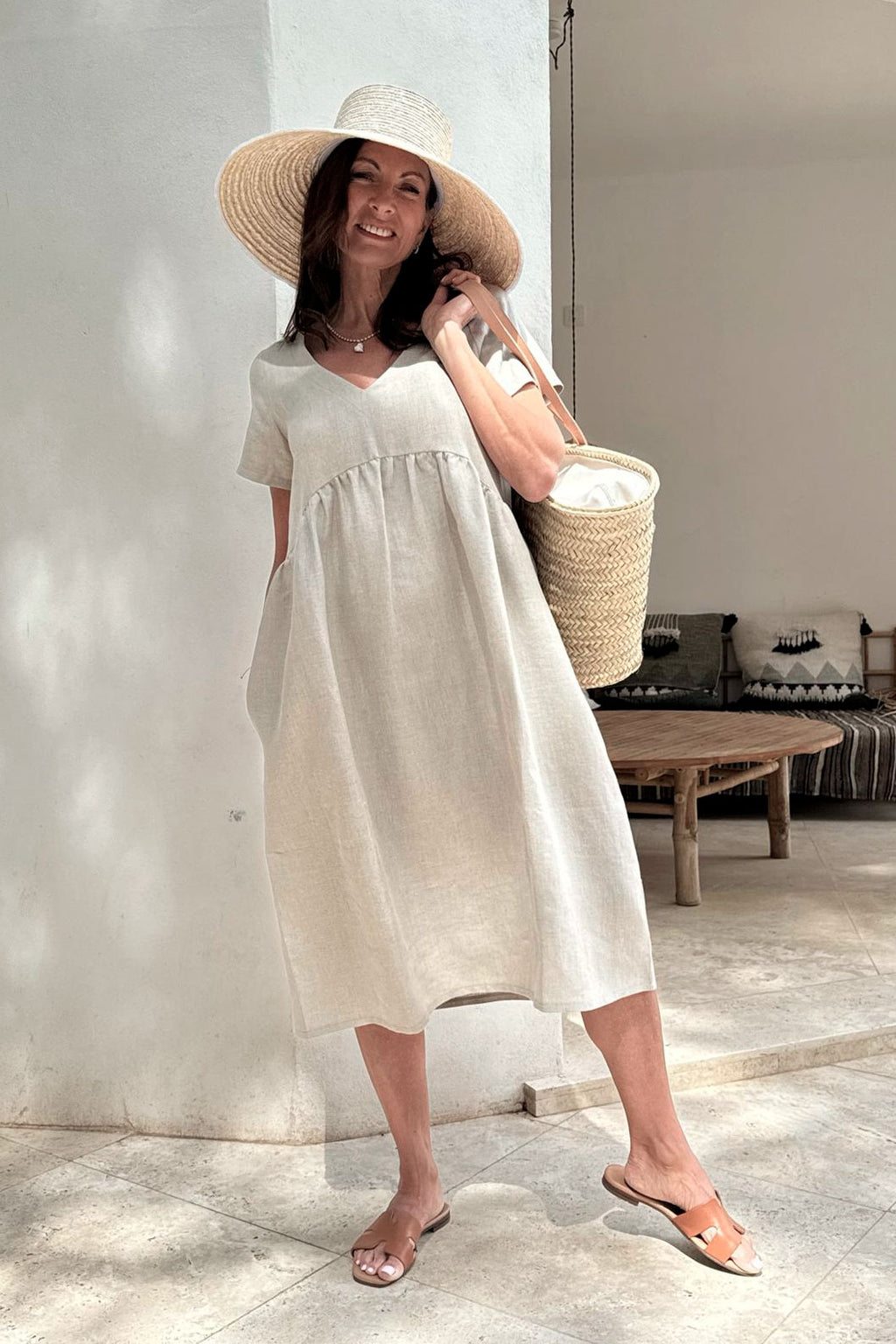 knee length dresses for ladies Santorini linen dress, natural – BYPIAS