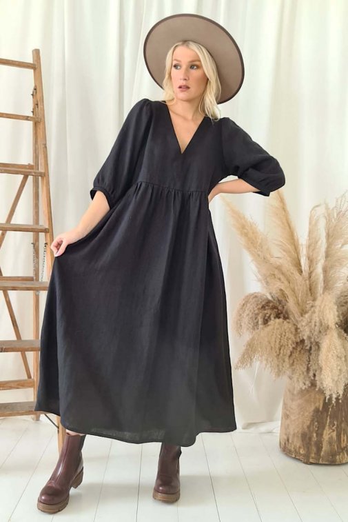 AMIRA LINEN DRESS- BLACK