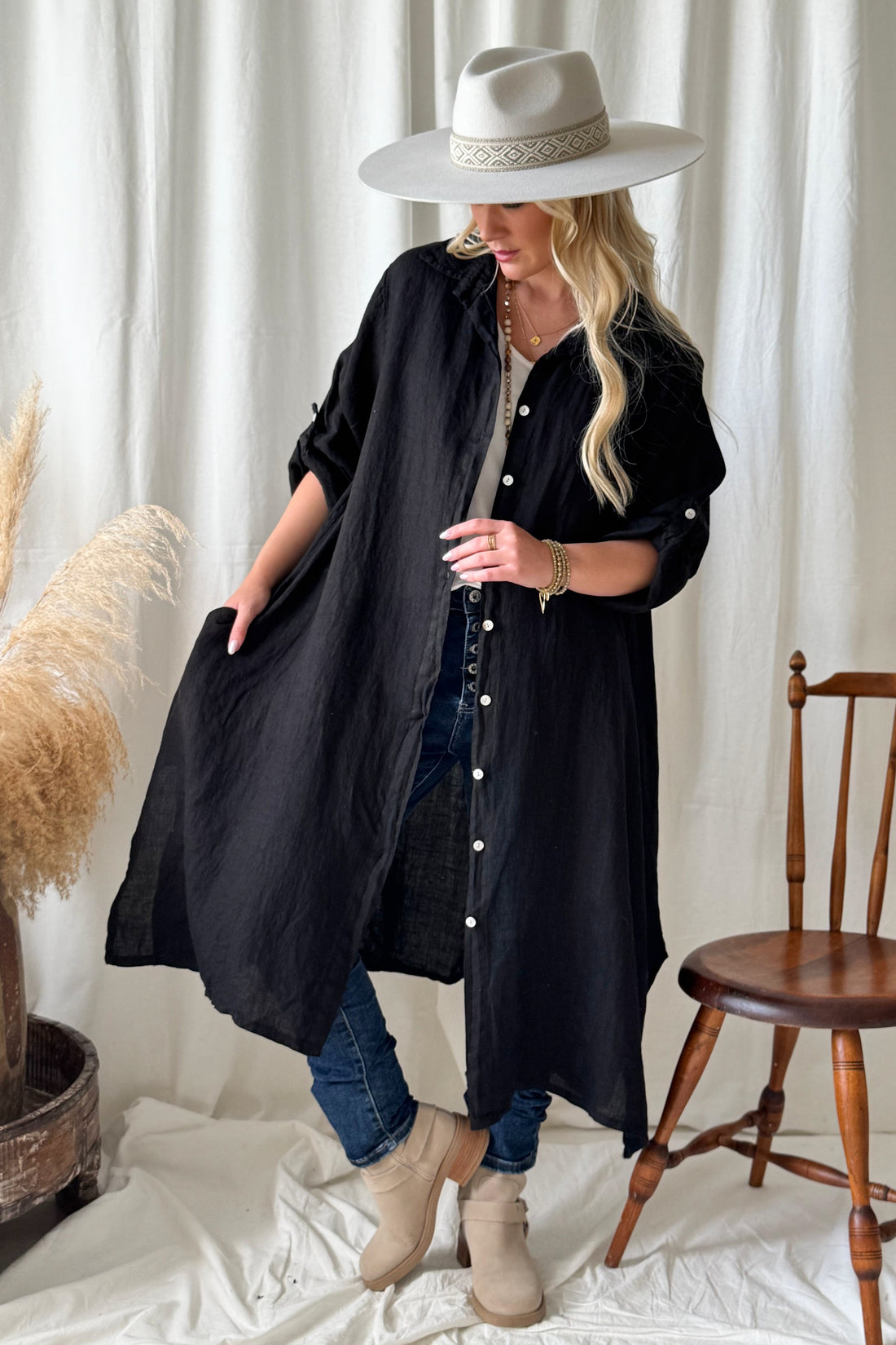 Adele linen shirt dress, black