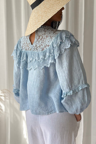 Boho Lace linen blouse, light blue