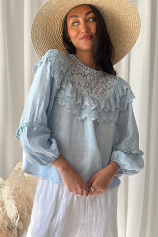 Boho Lace linen blouse, light blue