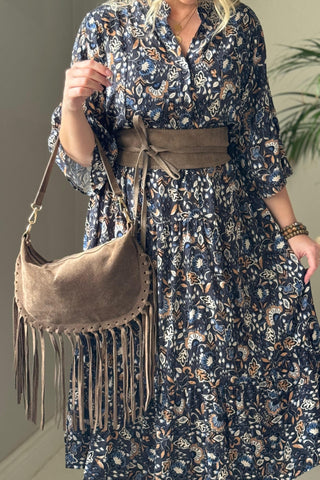 Boho Fringe nahkalaukku, konjakki