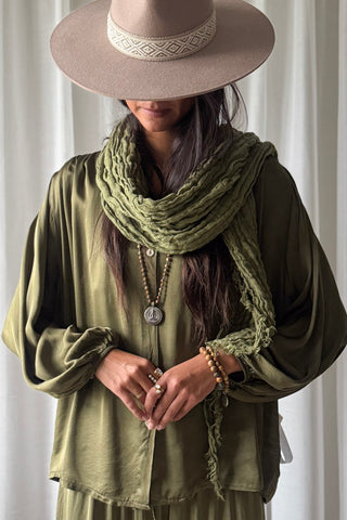 Boho mesh linen scarf, forest green