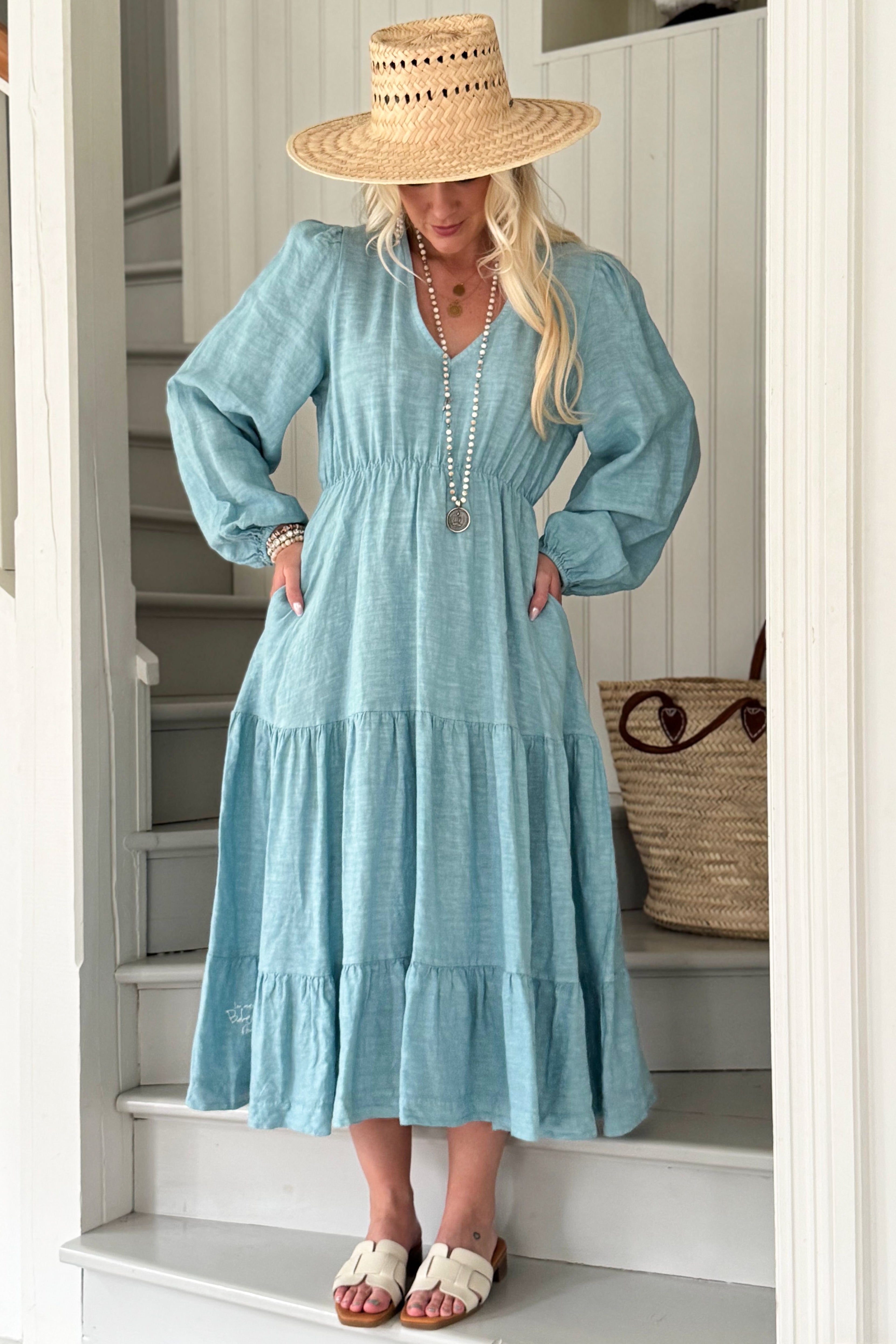 aqua blue linen dress One Forty 8 By Lafayette Dress Linen Aqua Teal Blue Green Linen Xl 14