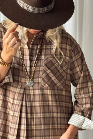 Checkered cottage cotton dress, brown
