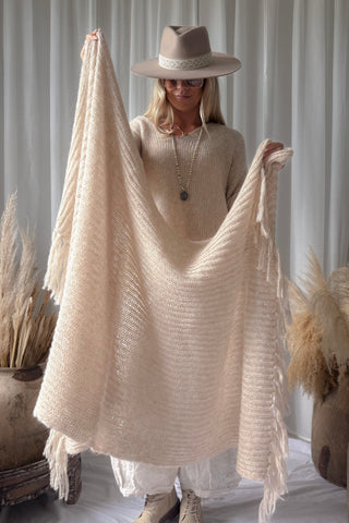 Della fringed alpaca blend scarf, beige
