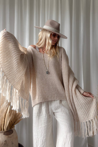 Della fringed alpaca blend scarf, beige