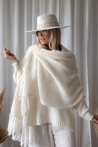 Della fringed alpaca blend scarf, off white