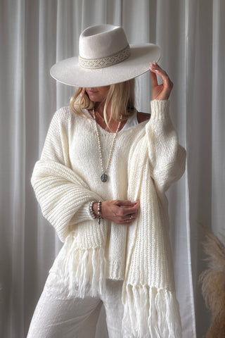 Della fringed alpaca blend scarf, off white
