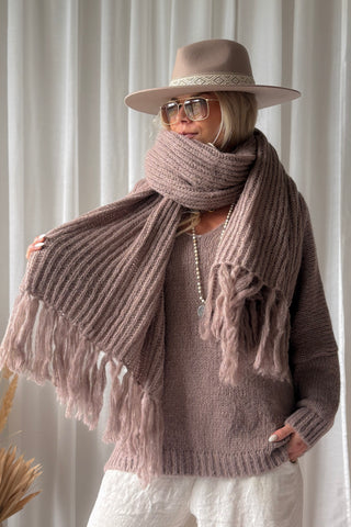 Della fringed alpaca blend scarf, taupe