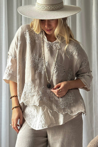 Delphie brodeerattu pellavapaita, cashmere