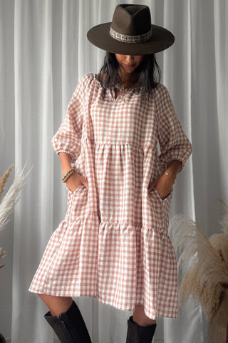Emilia long linen dress, pepperosa check