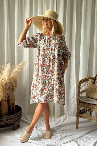 Emilia puuvillamekko, off white cottage floral