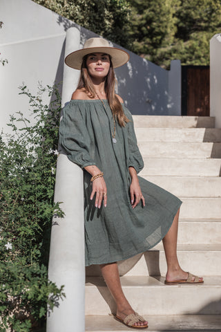 First Love linen dress, camo