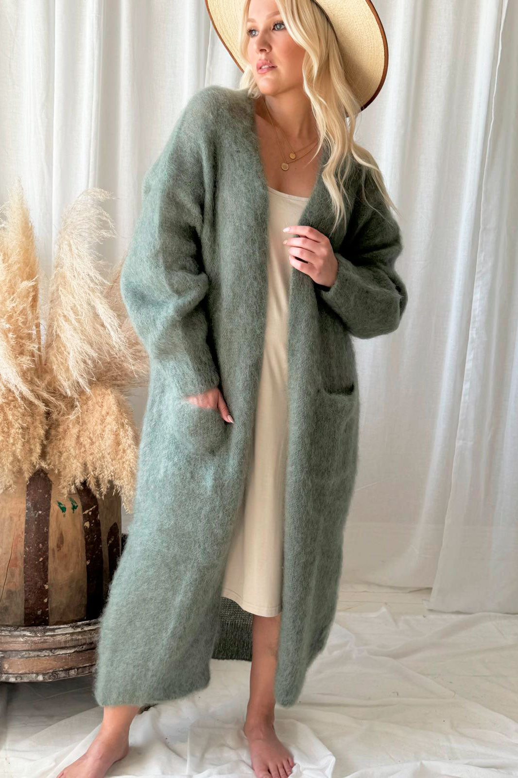 Fuzzy Cardigan Sage Green Sage Green Cardigan - Main Image
