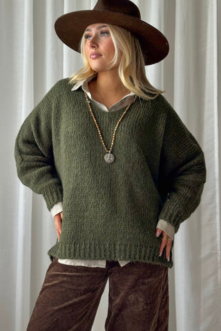 Honey v-aukkoinen alpakkasekoiteneule, forest green