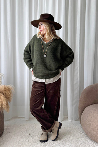 Honey v-neck alpaca blend jumper, forest green