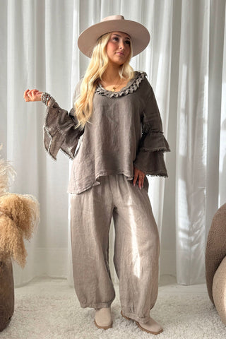 Lace Frill linen shirt, taupe