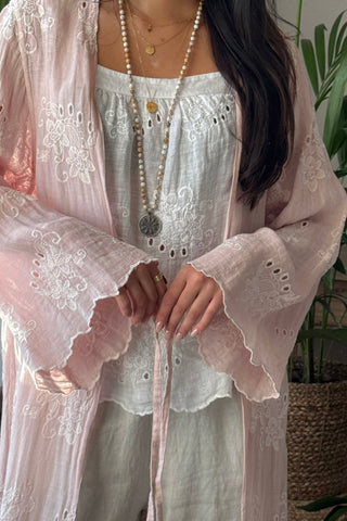 Lilias brodeerattu pellavakimono, vaaleanpunainen