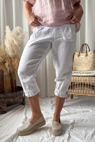 Mameluk pitsi pellavahousut, valkoinen + valkoinen pitsi