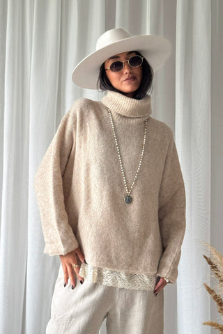 Marlene alpaca blend polo jumper, beige