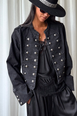 Military denim jacket, charcoal denim