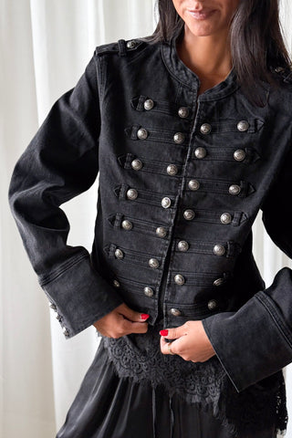 Military denim jacket, charcoal denim