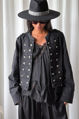Military denim jacket, charcoal denim