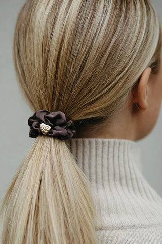Gold heart silk scrunchie, mocha