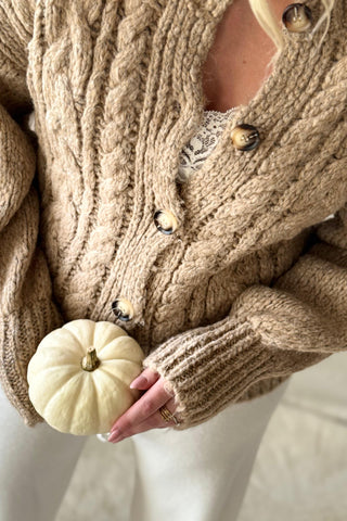 Naomi cable knit cardigan, caramel