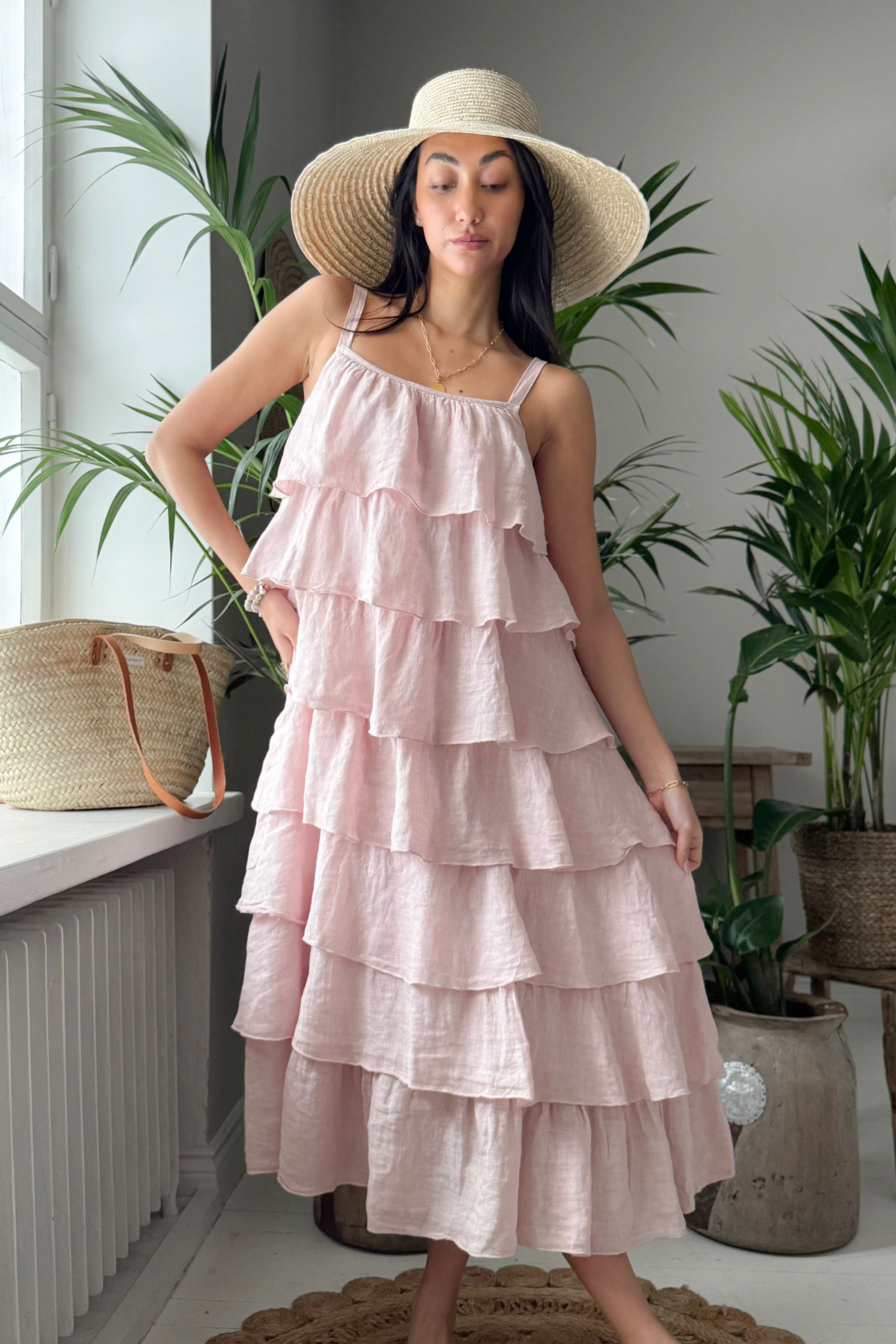 Rosette linen dress, light pink BYPIAS Rosette linen dress, light pink BYPIAS