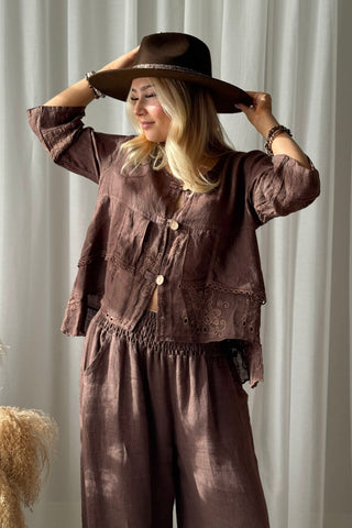 Venettia linen blouse, coffee