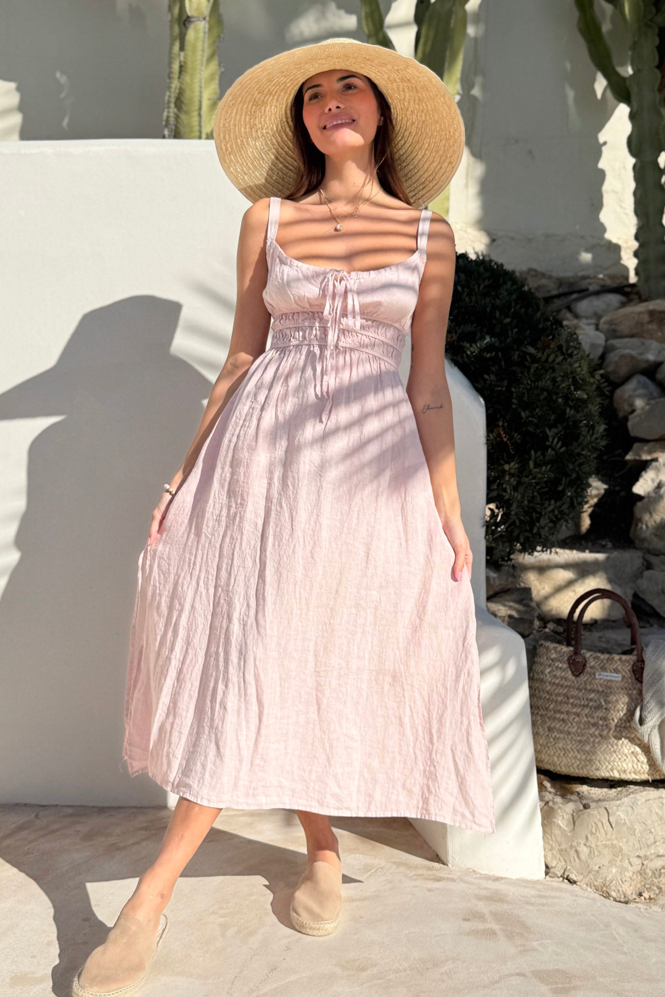 pastel pink linen dress Daily Casual Linen Dress Light Pink Cross Neck Pocket Maxi Dress-chiclody CHICLODY
