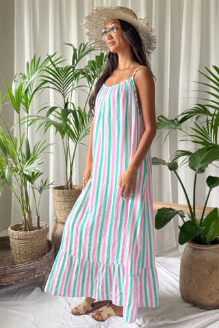 Beach candy cotton dress, pink-green stripe