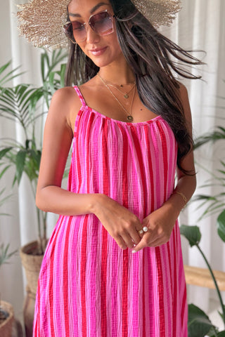 Beach candy cotton dress, pink-red stripe