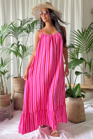 Beach candy cotton dress, pink-red stripe