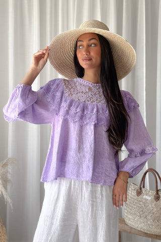 Boho Lace linen blouse, lavender