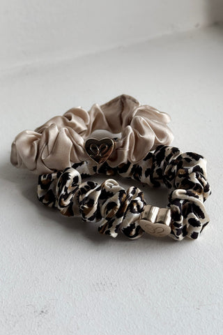 Gold heart silk scrunchie, sand