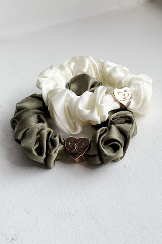 Gold heart silk scrunchie, olive