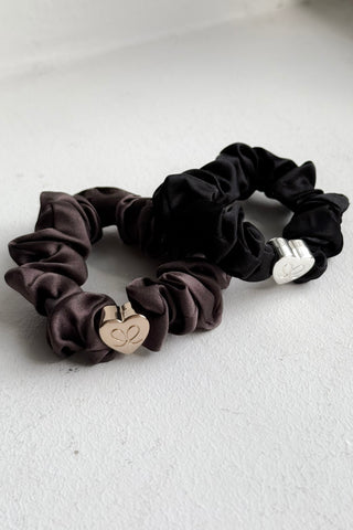 Gold heart silk scrunchie, mocha