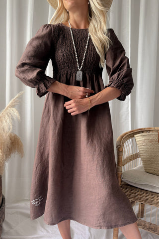 Cottage Romance linen dress, coffee