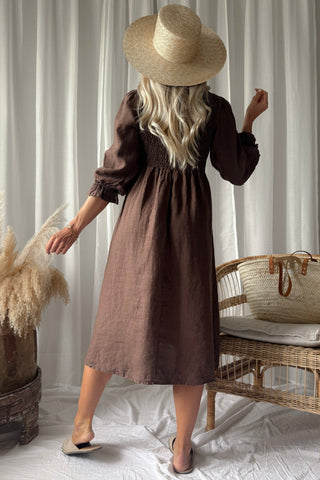 Cottage Romance linen dress, coffee