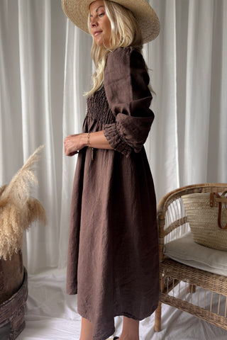 Cottage Romance linen dress, coffee