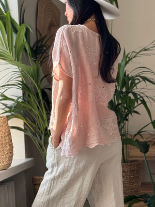 Delphie embroidered linen blouse, light pink