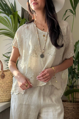 Delphie embroidered linen blouse, sand
