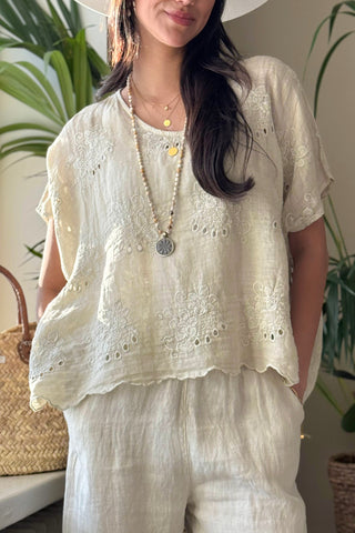 Delphie embroidered linen blouse, sand
