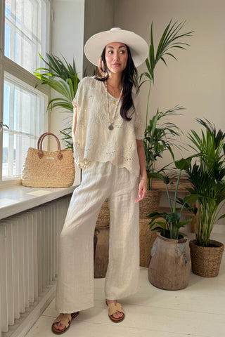 Delphie embroidered linen blouse, sand