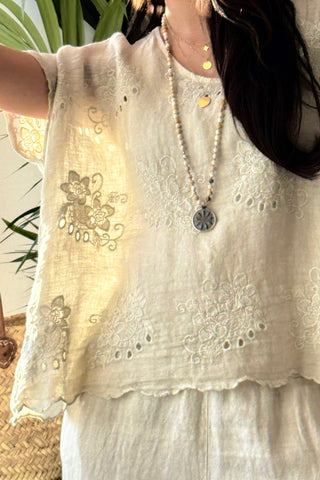 Delphie embroidered linen blouse, sand
