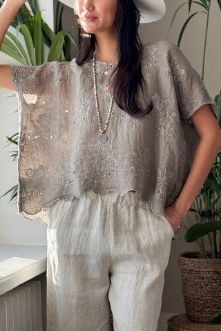 Delphie embroidered linen blouse, taupe