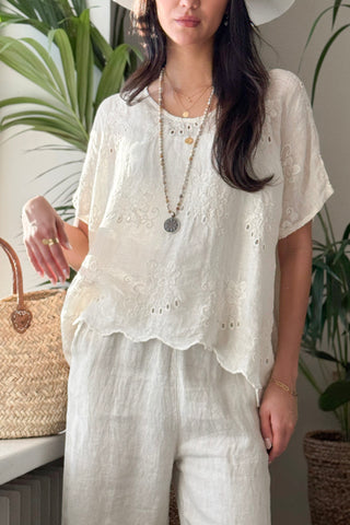 Delphie embroidered linen blouse, vanilla